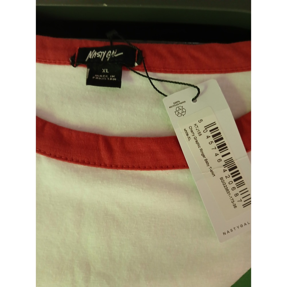 Nasty Gal Cherry Graphic Ringer Baby T-shirt White Red XL New Berry Sweet - Picture 7 of 9